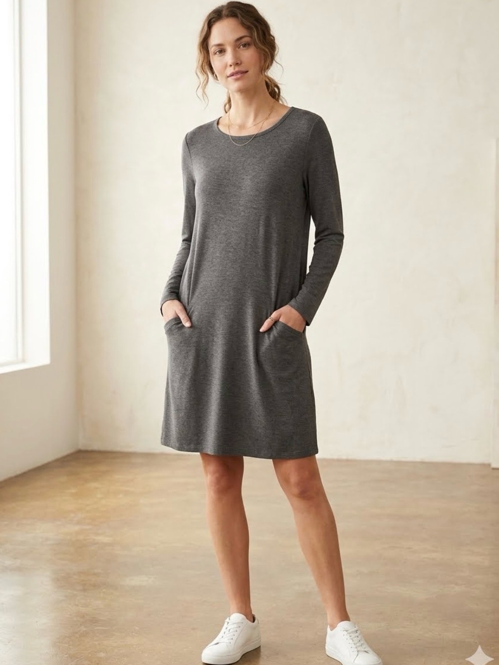 Eileen Fisher Tencel
Stretch Long Sleeve Tunic Dress 
w/Pockets Size Large